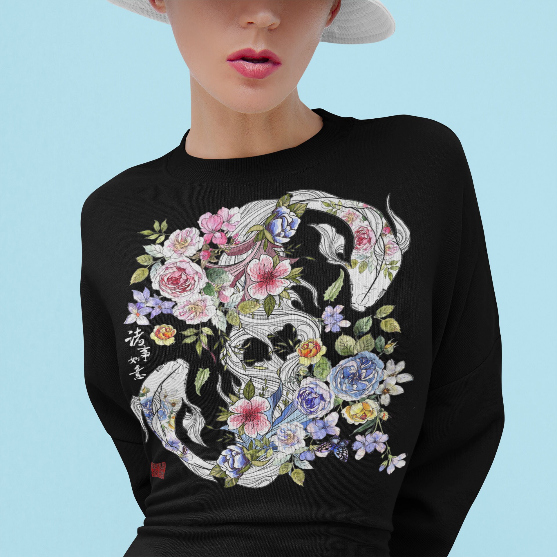 Koi Fish Crochet Lotus Pattern Print Women Pullover Hoodie