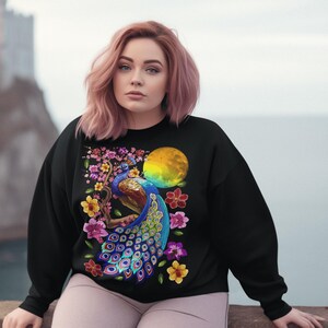 Peacock Sakura T-Shirt: Cherry Blossom Print, Moon Floral Graphic Tee image 4