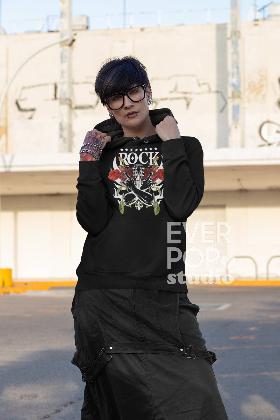 Punk Rock Hoodie, Cool Music Hoodies, Cute Guitar Hoody, Rose Graphic ...