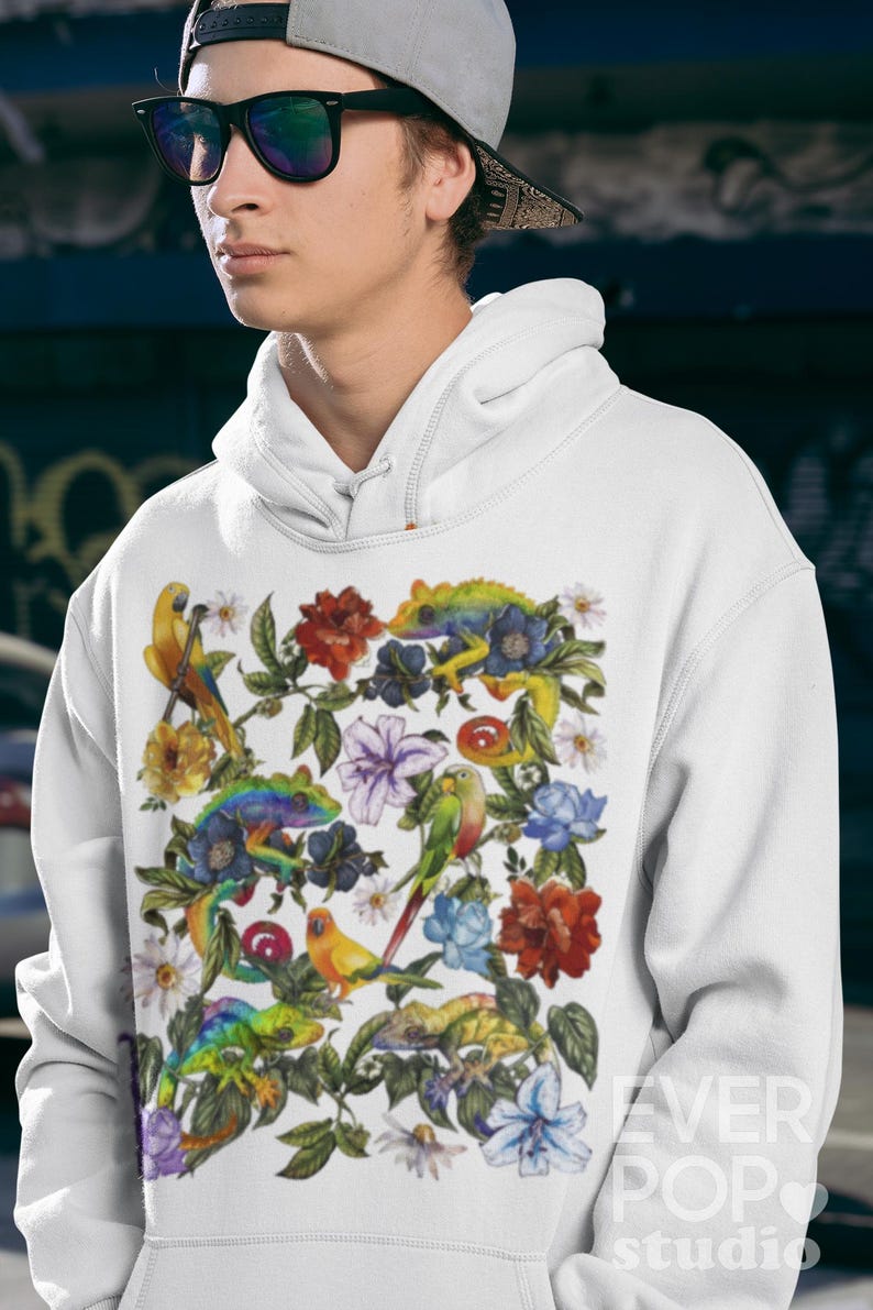 Bird Chameleon Shirt, Parrot Animal Tshirt, Reptile Graphic Tee, Tropical Rose Print, Colorful Flower T, Snake Floral Art, Stylish Hippie image 6