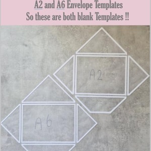 Può includere: Due modelli di buste con contorno bianco, uno etichettato A2 e uno A6. Il testo in alto recita: * Print on Tule * A2 and A6 Envelope Templates So these are both blank Templates !! I modelli sono forme geometriche piatte.