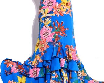Flamenco Dance Performance Skirt Blue Flower Print
