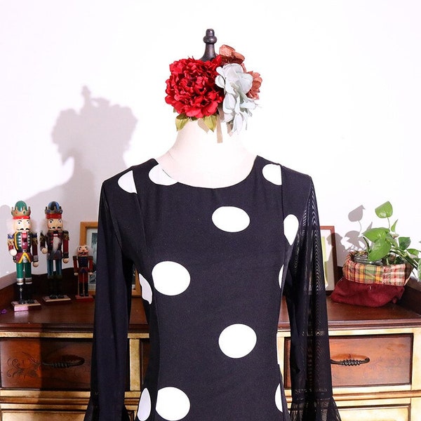 Flamenco Dress Black Large Polka Dot Mesh Sleeves Lunares Sevillanas