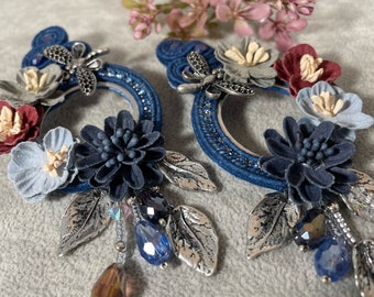 Blue soutache earrings with flowers for woman