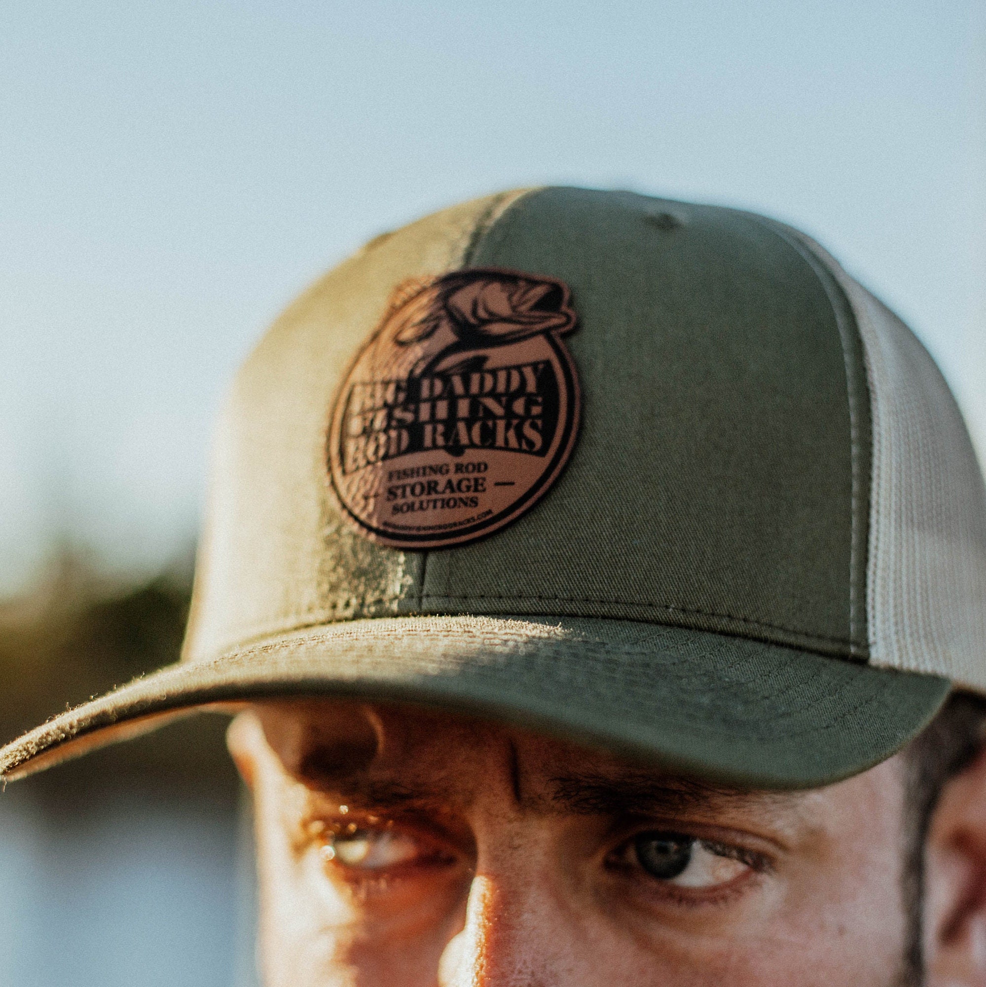 Big Daddy Fishing Rod Racks Leather Patch Green Snapback Hat - Stylish Angler Cap, Fishing Enthusiast Gift