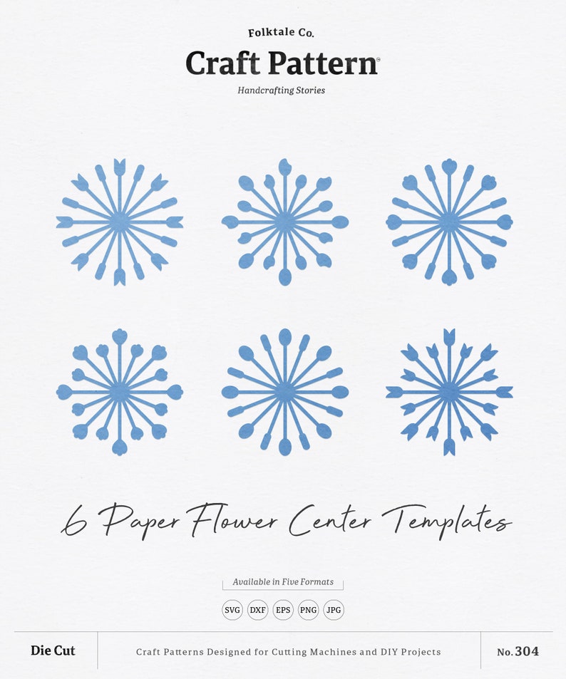 May include: Six blue paper flower centre templates for crafting. The templates are in the shape of a starburst with different designs. The text "6 Paper Flower Centre Templates" is at the bottom of the image.