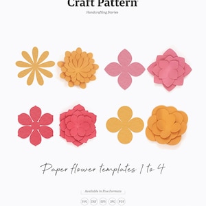 May include: A set of four paper flower templates in various colours, including yellow, orange, pink, and red. The templates are designed for cutting machines and DIY projects. The text "Paper flower templates 1 to 4" is written below the flowers. The text "Available in Five Formats" is written below the text "Paper flower templates 1 to 4". The text "SVG DXF EPS JPG PDF" is written below the text "Available in Five Formats". The text "Die Cut" is written in the bottom left corner of the image. The text "Craft Patterns Designed for Cutting Machines and DIY Projects" is written below the text "Die Cut". The text "No. 286" is written in the bottom right corner of the image.
