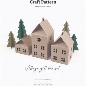 Caja de regalo de pueblo SVG, Caja de Adviento SVG, Caja de favor SVG, Plantilla de caja, Decoración navideña, Archivos de corte de silueta, Archivos de corte Cricut / FT00330