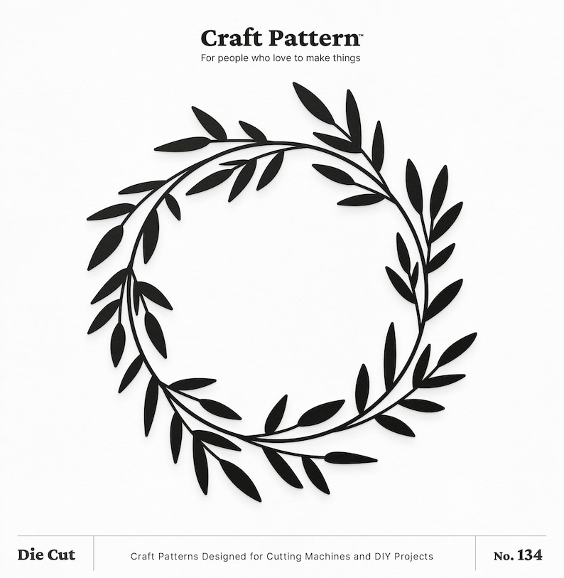 May include: Black and white silhouette of a wreath made of leaves. The wreath is a circle with leaves that are all the same size and shape. The wreath is a simple design that would be perfect for a craft project.