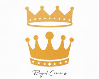 May include: Two gold royal crown craft patterns, one with a larger, more rounded top and the other with a more pointed top. The text "Royal Crowns" is written below the crowns. The text "Available in Five Formats" is written below the text "Royal Crowns". The text "SVG DXF EPS PNG JPG" is written below the text "Available in Five Formats". The text "Die Cut" is written in the bottom left corner of the image. The text "Craft Patterns Designed for Cutting Machines and DIY Projects" is written in the bottom center of the image. The text "No. 299" is written in the bottom right corner of the image.