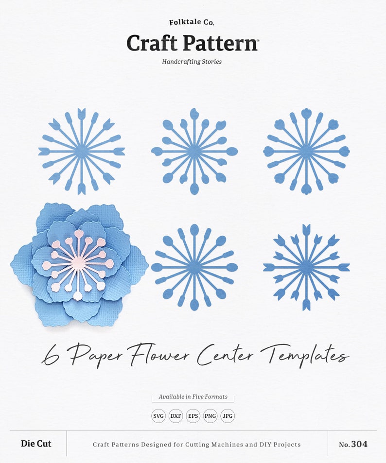 May include: Six paper flower centre templates in blue and pink. The templates are in the shape of a starburst with different designs. The text "6 Paper Flower Centre Templates" is at the bottom of the image.
