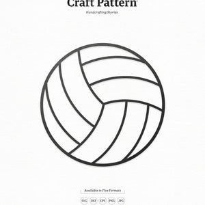 May include: Black and white line art digital craft pattern of a volleyball. The pattern is available in five formats: SVG, DXF, EPS, PNG, and JPG. The pattern is designed for cutting machines and DIY projects. The pattern is numbered 151.