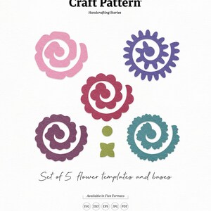 Op de afbeelding: Set van vijf gelaagde papieren bloemen sjablonen en bases in roze, paars, rood, teal en blauw. Het knutselpatroon is beschikbaar in vijf formaten: SVG, DXF, EPS, JPG en PDF. De tekst "Craft Pattern" en "Folktale Co." staat bovenaan de afbeelding. De tekst "Set of 5 flower templates and bases" staat onderaan de afbeelding. De tekst "Die Cut" staat linksonder in de afbeelding. De tekst "No. 256" staat rechtsonder in de afbeelding.