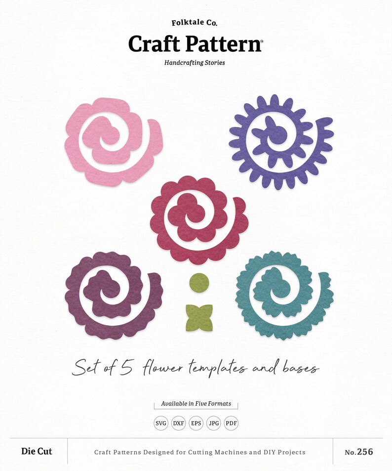 Op de afbeelding: Set van vijf gelaagde papieren bloemen sjablonen en bases in roze, paars, rood, teal en blauw. Het knutselpatroon is beschikbaar in vijf formaten: SVG, DXF, EPS, JPG en PDF. De tekst "Craft Pattern" en "Folktale Co." staat bovenaan de afbeelding. De tekst "Set of 5 flower templates and bases" staat onderaan de afbeelding. De tekst "Die Cut" staat linksonder in de afbeelding. De tekst "No. 256" staat rechtsonder in de afbeelding.