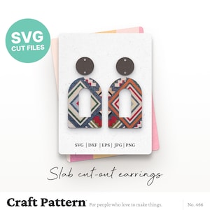 May include: A pair of colorful geometric slab cut-out earrings with a rounded top and a hole in the center. The earrings are made of a patterned material with red, blue, green, and yellow colors. The earrings are shown on a white background with the text "Slab cut-out earrings" and "Craft Pattern" below.