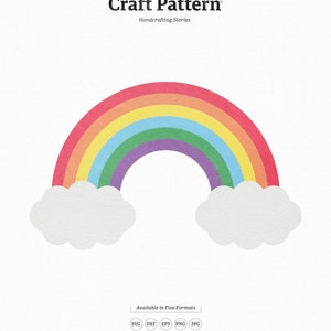 May include: A digital craft pattern featuring a rainbow with clouds. The pattern is available in five formats: SVG, DXF, EPS, PNG, and JPG. The text "Die Cut" and "Digital Craft Patterns Designed for Cutting Machines and DIY Projects" is at the bottom of the image. The text "No. 215" is in the bottom right corner.