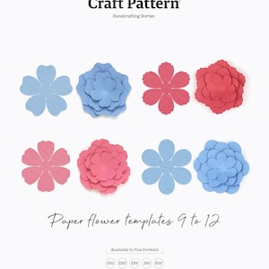 May include: A set of six paper flower templates in blue and pink. The templates are designed for cutting machines and DIY projects. The image includes the text "Paper flower templates 9 to 12" and "Available in Five Formats: SVG DXF EPS JPG PDF".