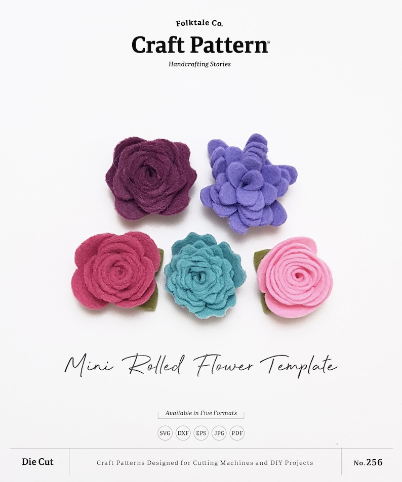 Op de afbeelding: Een digitaal knutselpatroon voor het maken van mini-gerolde viltbloemen. Het patroon bevat vijf verschillende bloemontwerpen: een paarse, roze, rode, turquoise en lichtroze bloem. Het patroon is beschikbaar in vijf formaten: SVG, DXF, EPS, JPG en PDF. Het patroon is ontworpen voor snijmachines en doe-het-zelfprojecten. Stansbewerkingsvorm. Nr. 256.