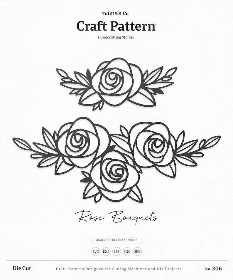 K&ouml;nnte beinhalten: Schwarz-wei&szlig;-Linienzeichnung einer Rosenstrau&szlig;es. Das Bild ist ein Bastelmuster f&uuml;r Schneidemaschinen und DIY-Projekte. Der Text "Rose Bouquets" befindet sich unter dem Bild.