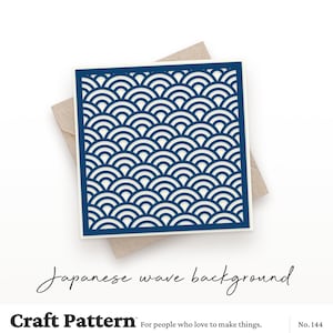 May include: A blue and white Japanese wave pattern background design. The design is a repeating pattern of overlapping semicircles. The design is framed in a square.