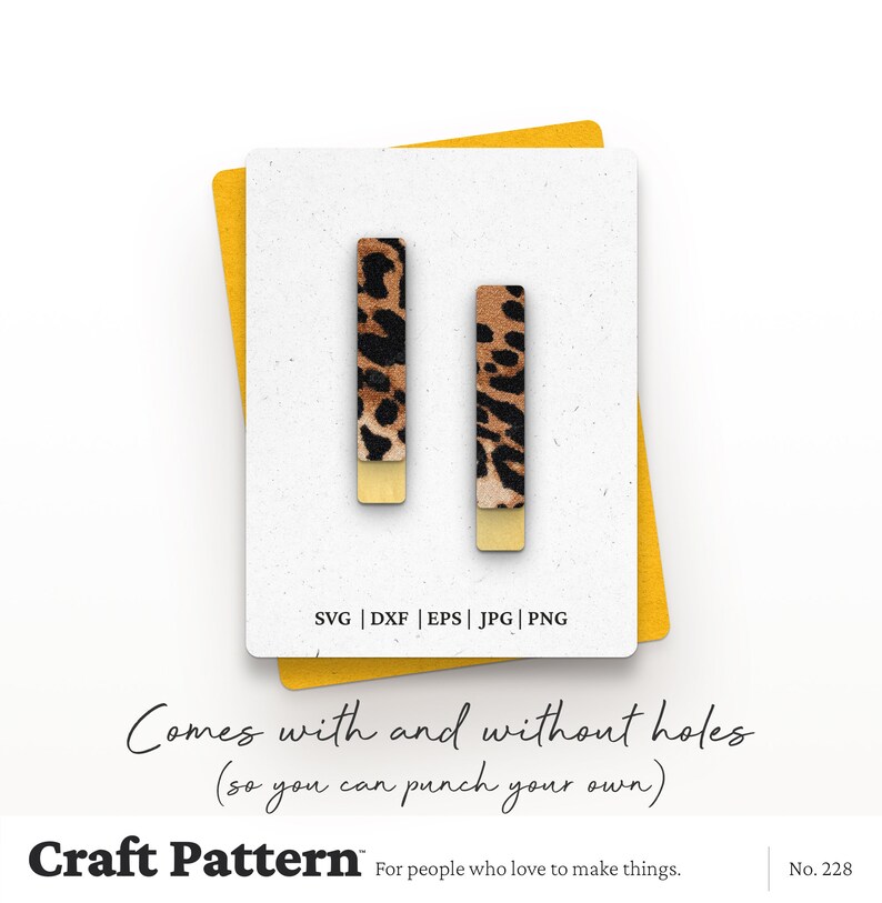 May include: Two digital craft patterns for earrings in the shape of a rectangle with a leopard print design. The patterns come with and without holes, so you can punch your own. SVG, DXF, EPS, JPG, and PNG file formats are included. Craft Pattern for people who love to make things. No. 228