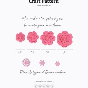 May include: Craft pattern for a flower with four different sizes of pink petals, ranging from 1.2 inches to 2 inches in diameter.  The pattern also includes three different flower centres.  The text on the image reads "Mix and match petal layers to create your own flower".