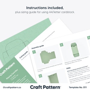 May include: A printable template for a playing card box. The template includes instructions and a cutting guide. The template is designed to fit standard playing cards, which are 2.5 inches by 3.5 inches. The template is from Craft Pattern.