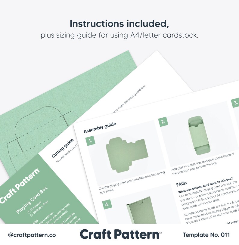 May include: A printable template for a playing card box. The template includes instructions and a cutting guide. The template is designed to fit standard playing cards, which are 2.5 inches by 3.5 inches. The template is from Craft Pattern.