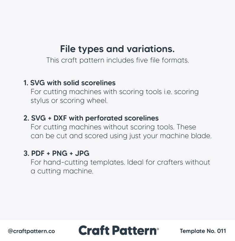 May include: Text explaining the different file types included in a craft pattern. The file types include SVG with solid scorelines, SVG + DXF with perforated scorelines, and PDF + PNG + JPG. The text also mentions that the pattern includes five file formats.