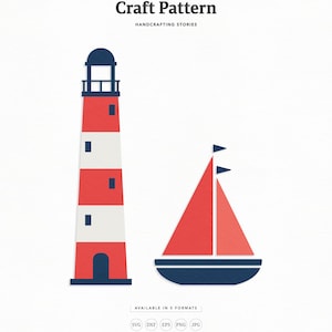 Peut inclure: Un phare rouge et blanc avec un toit bleu et un voilier rouge avec une coque bleue et des voiles blanches. L'image est un modèle artisanal disponible en cinq formats : SVG, DXF, EPS, PNG et JPG. Le texte "Folktale Co. Craft Pattern Handcrafting Stories" est en haut de l'image. Le texte "Die Cut" est en bas à gauche de l'image. Le texte "No. 386" est en bas à droite de l'image.