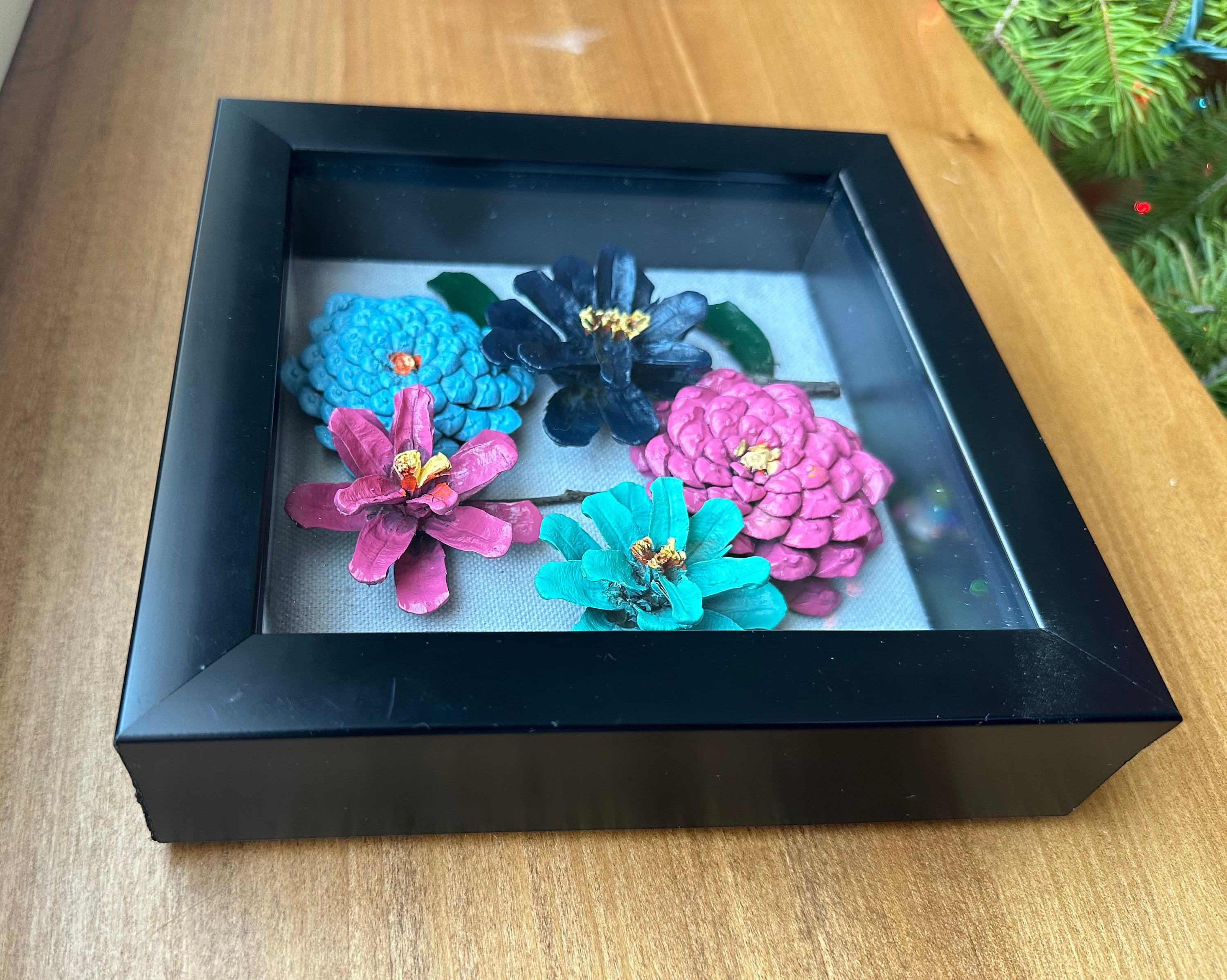 Painted Pinecone Flowers in Black Shadow Box - Etsy
