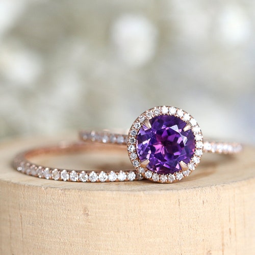 Amethyst Engagement Ring Set Rose Gold Bridal Sets Halo Half | Etsy