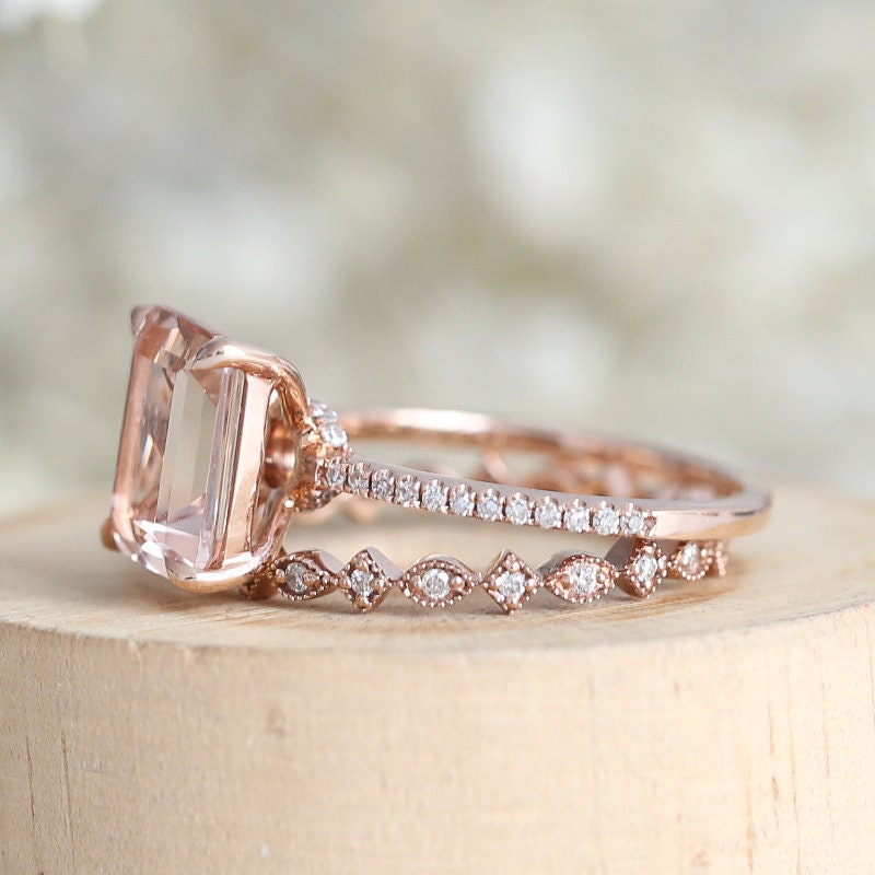 Emerald Cut Natural Pink Morganite Engagement Ring Set Diamond | Etsy