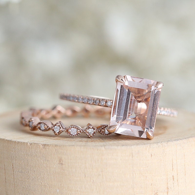 Emerald Cut Natural Pink Morganite Engagement Ring Set Diamond | Etsy
