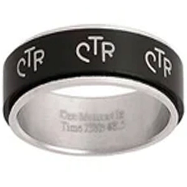 J38B Size 5.5- 13.5 Wide Antique Black Stainless Steel Spinner Ring One Moment In Time Mormon CTR LDS