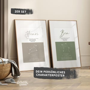 Geboorteposterset met naam en sterrenbeeld / bundel van 2 voor broers en zussen / betekenis karakter / horoscoop sterrenbeeld