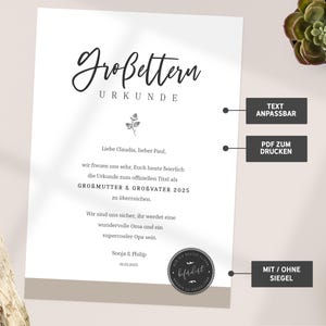Anuncio de embarazo Abuela Abuelo / Abuelos Certificado personalizado / Regalo Mamá Papá