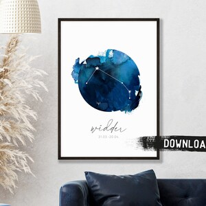 Póster del signo del zodíaco Aries / Constelación de mayo / Descargar póster del horóscopo de nacimiento astrológico