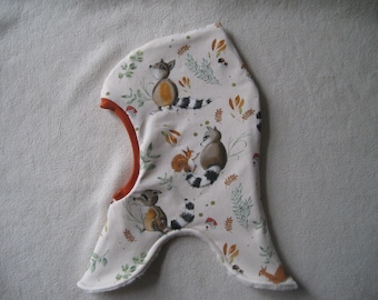 Organic balaclava with raccoon and squirrel design, autumn and winter, choice of lining, children's and baby's sizes available.