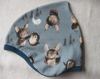 Organic beanie with owl and bat design, autumn, children's, baby, desired size