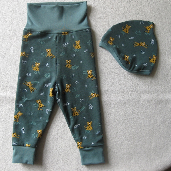 Ensemble bébé bio: Pantalon + Casquette Vert Léopard, Taille 62