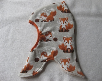 Organic balaclava with fox and hedgehog design, autumn and winter, choice of lining, children's and baby's sizes available
