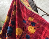Vintage Colorful Reversible Kantha Throw, Handmade Kantha Quilt, Patchwork, 100 Cotton, Floral Sofa Throw, Multicolored, Christmas Gift