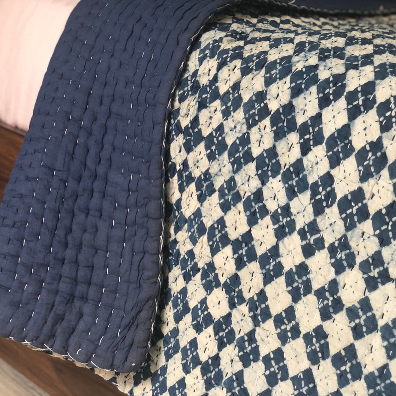 Indigo Blue White Cotton Filled Kantha Quilt Blanket Plain Etsy