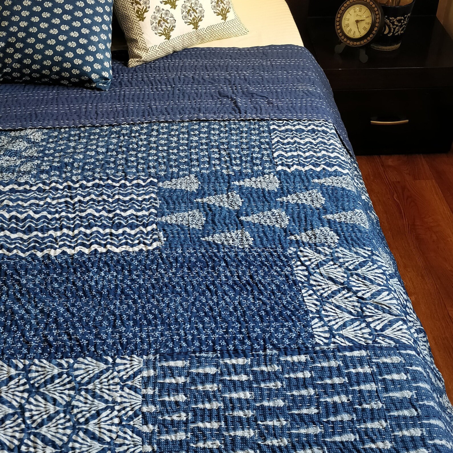 Indigo Blue & White Patchwork Kantha Quilt Hand block Printed Etsy