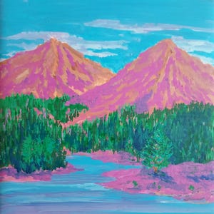 May include: A painting of two large mountains with pink and orange peaks rising above a dense forest of green trees. A blue river flows in the foreground, reflecting the sky. The scene is set against a bright turquoise sky with light clouds.