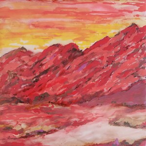 May include: A square art piece featuring a landscape painting with vibrant red and deep crimson mountains set against a bright yellow and orange sunset sky. The foreground shows a flat, light-coloured terrain with blended red and pink tones.