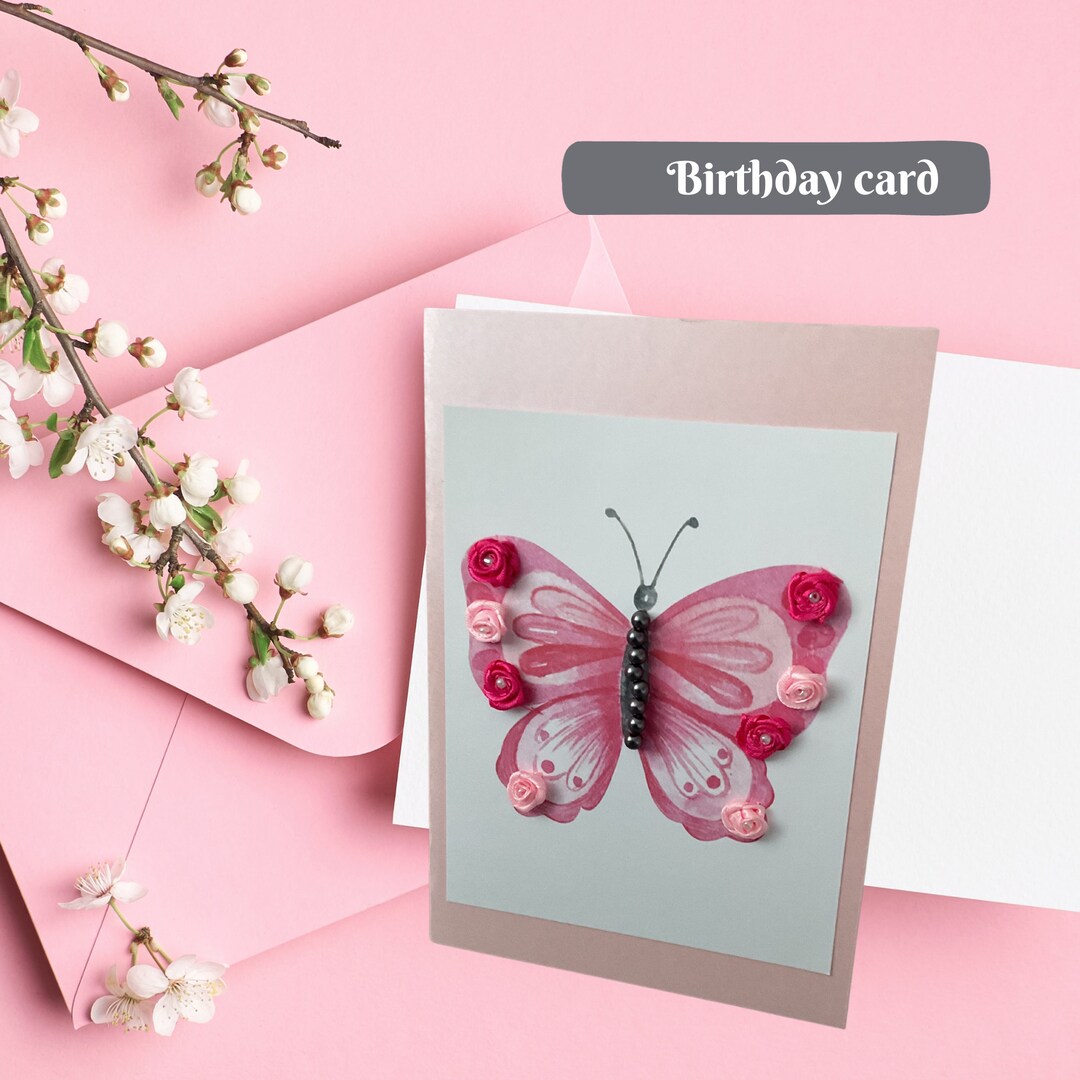 Butterfly Themed Birthday Card , Unique Design , Rosebuds and Beads ...