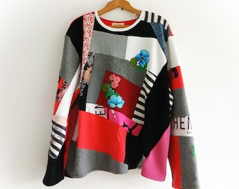 Suéter reciclado de talla grande, túnica reciclada, ropa boho de algodón, sudadera reciclada patchwork