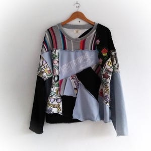 Upcycled handmade unique sweatshirt, patchwork crop top, PLUS size unisex pullover, reworked tunic, upcycled sweater